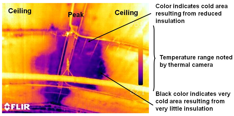 Figure 1.11 - Thermal image of a ceiling showing missing insulation. The insulation has shifted off center of the ceiling leaving cold areas.