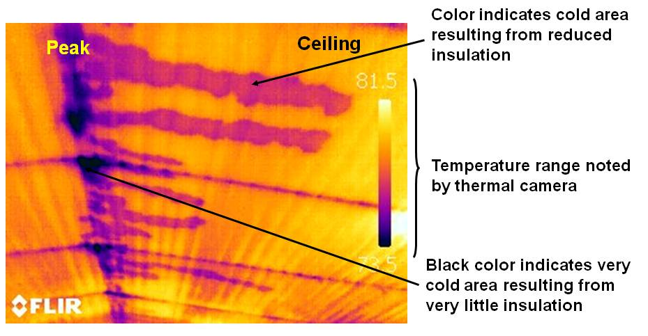 Figure 1.13 - Thermal image showing damaged ceiling insulation caused by roof leaks