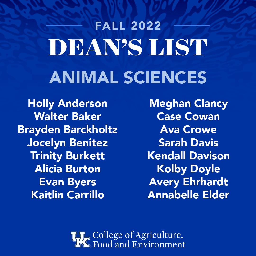 Animal Sciences Fall 2022 Dean's List 1