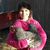 A child holds a chicken