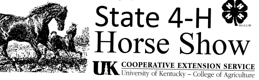 Horse galloping with cloverleaf and 4-H State Horse Show Text