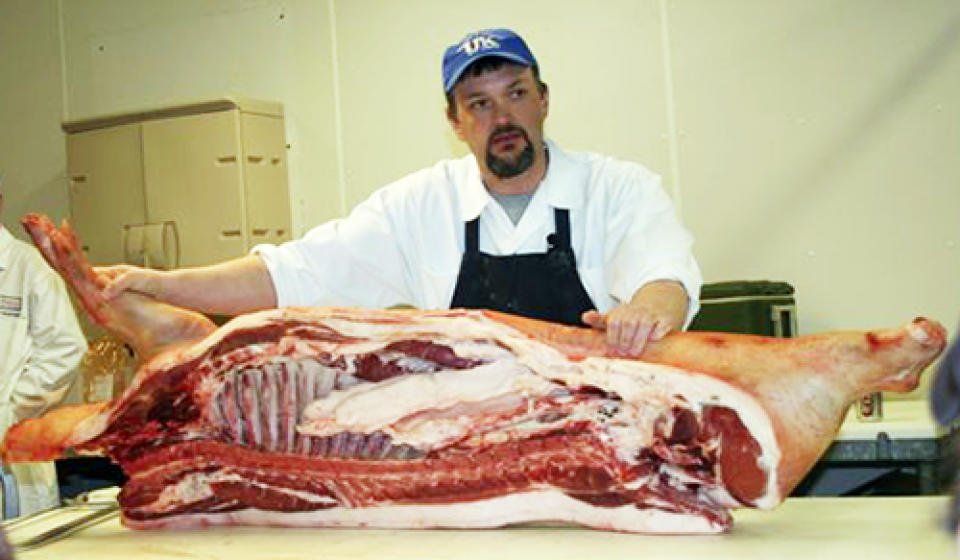 Dr. Gregg Rentfrow displays a meat carcass
